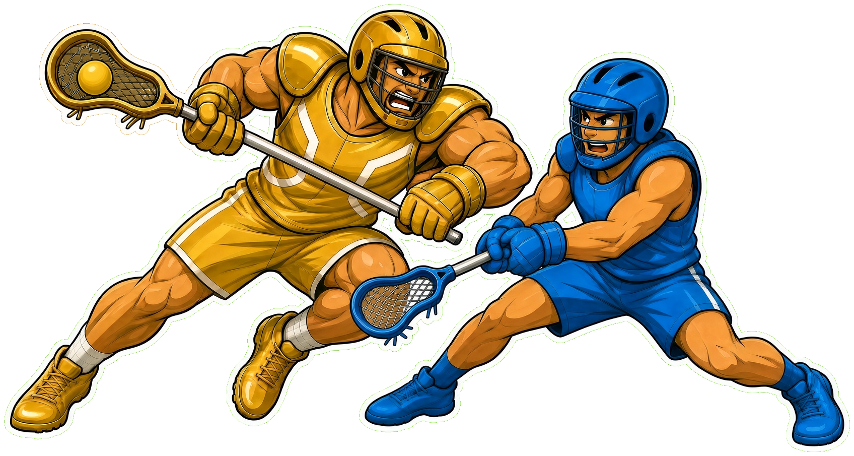 Two illustrated Arcade Lacrosse players competing for the ball