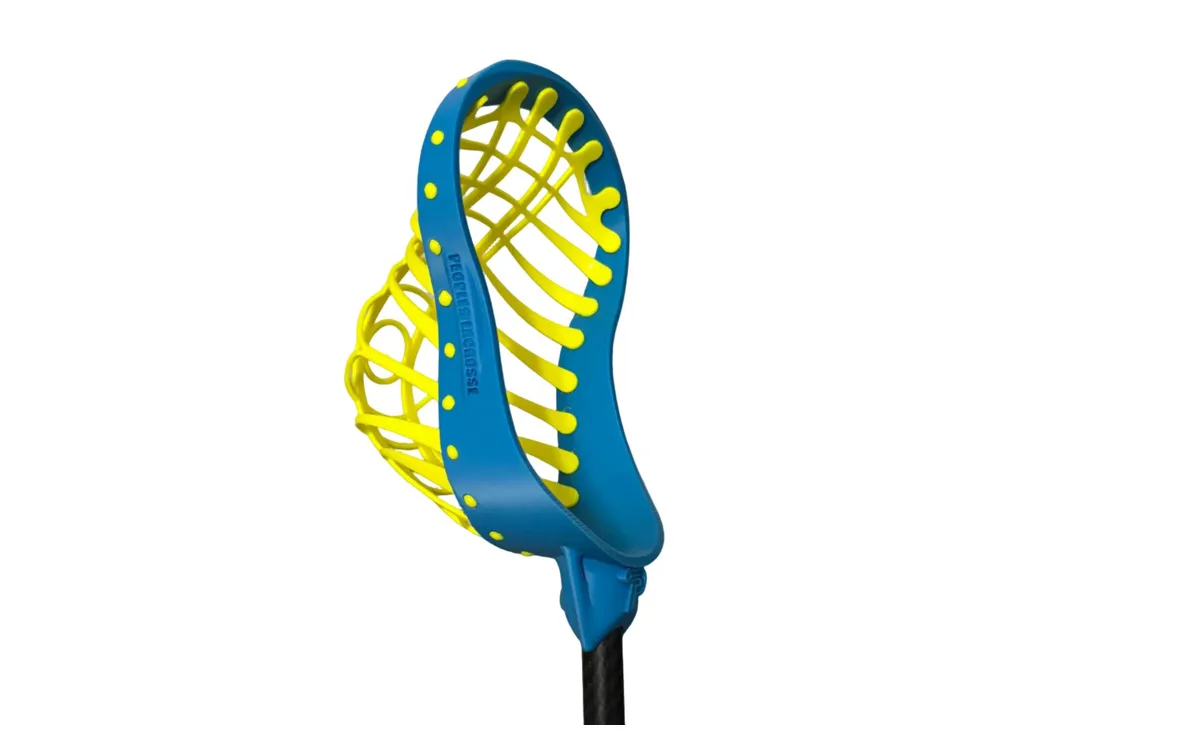 Blue lacrosse stick head with bright yellow mesh and a black shaft on a white background